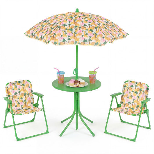 Kids Outdoor Table and Chair Set with 2 Folding Chairs and Height Adjustable Umbrella-Beige