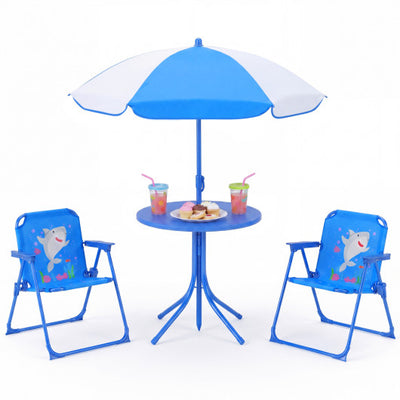 Kids Outdoor Table and Chair Set with 2 Folding Chairs and Height Adjustable Umbrella-Navy
