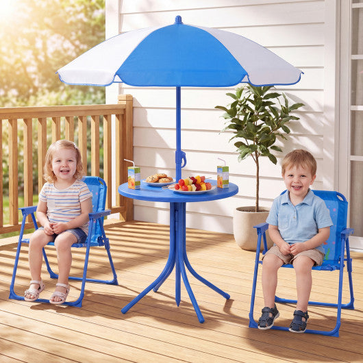 Kids Outdoor Table and Chair Set with 2 Folding Chairs and Height Adjustable Umbrella-Navy