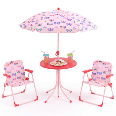 Kids Outdoor Table and Chair Set with 2 Folding Chairs and Height Adjustable Umbrella-Pink and White