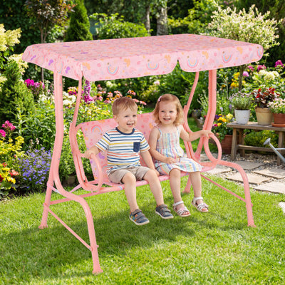 Kids Patio Swing 2-Seater Outdoor Porch Swing Lounge Chair with Adjustable Canopy-Pink