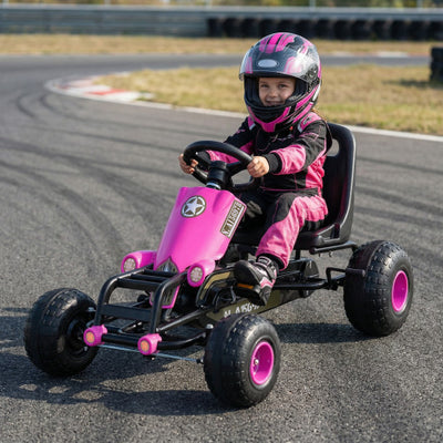 Kids Pedal Go Kart with Steering Wheel and Gear Shifter and Handbrake-Pink