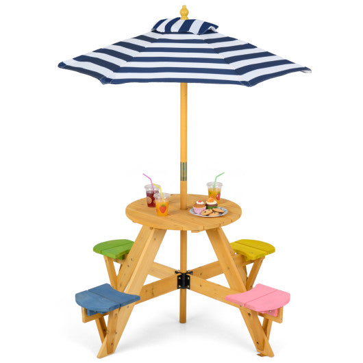 Kids Picnic Table with Stools and Foldable Adjustable Umbrella for Backyard and Patio-Blue