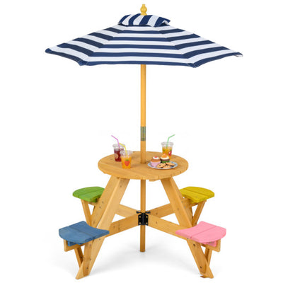 Kids Picnic Table with Stools and Foldable Adjustable Umbrella for Backyard and Patio-Blue