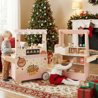 Kids Pizza Food Truck Wooden Pretend Play Snack Cart with Oven-Pink