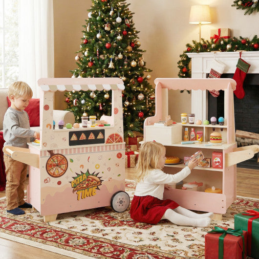 Kids Pizza Food Truck Wooden Pretend Play Snack Cart with Oven-Pink