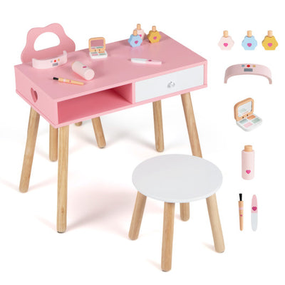 Kids Pretend Nail Salon Playset with Chair and Stool Wooden Toddlers Makeup and Manicure Kit with Eye Shadow-Pink