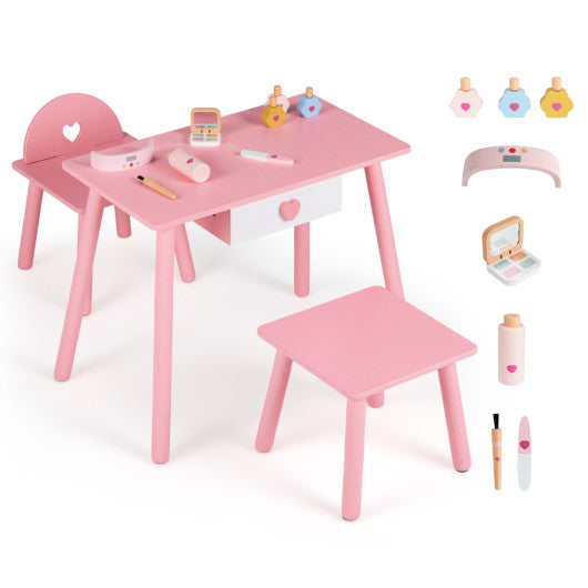 Kids Pretend Nail Salon Playset with Wooden Toddlers Makeup - Pink