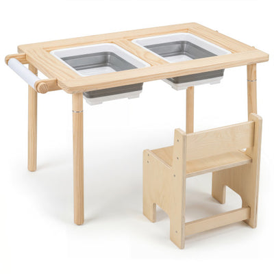 Kids Sensory Table Set with Adjustable Height and 2 Storage Bins-Natural