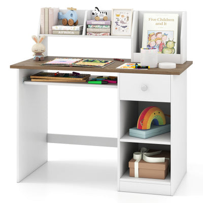 Kids Study Desk Children Writing Table with Drawer Shelves and Keyboard Tray-Natural