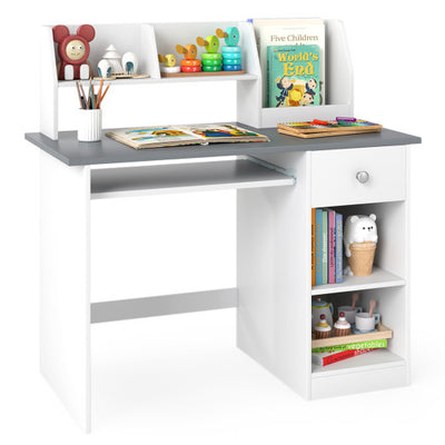 Kids Study Desk Children Writing Table with Hutch Drawer Shelves and Keyboard Tray-Gray