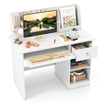 Kids Study Desk Children Writing Table with Hutch Drawer Shelves and Keyboard Tray-White