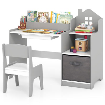 Kids Study Desk and Chair Set with Open Shelves Drawer and Fabric Storage Bin-Gray