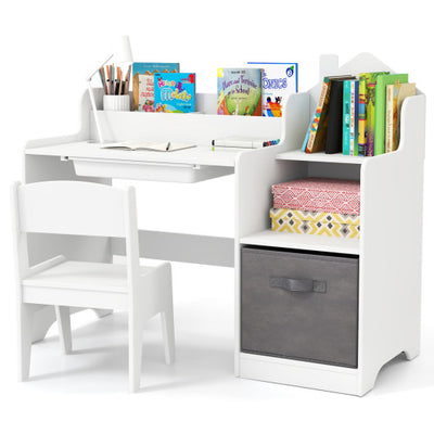Kids Study Desk and Chair Set with Open Shelves Drawer and Fabric Storage Bin-White