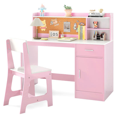 Kids Study Desk and Chair Set Student Table and Chair-White + Pink