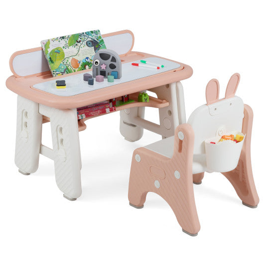 Kids Table and Chair Set with Flip-Top Bookshelf-Pink