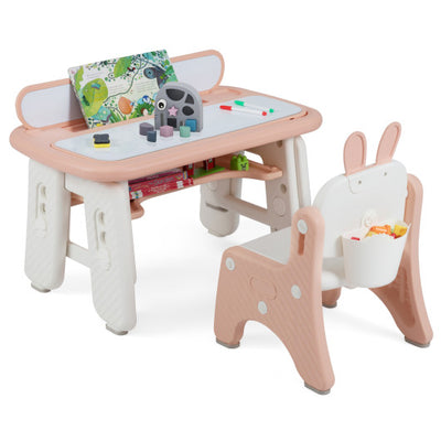 Kids Table and Chair Set with Flip-Top Bookshelf-Pink