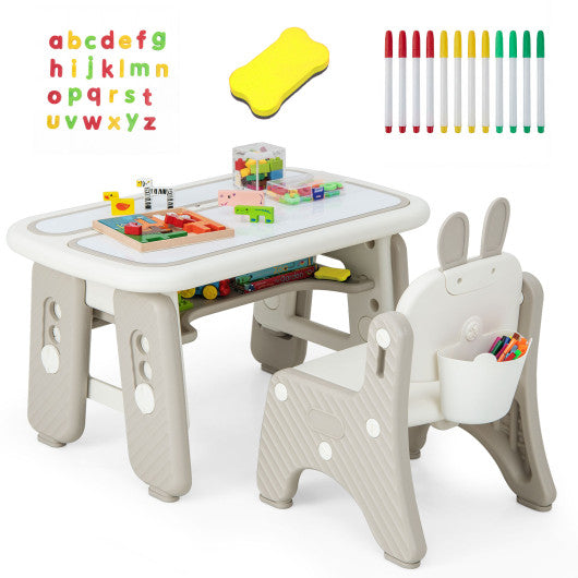 Kids Table and Chair Set with Flip-Top Bookshelf-Gray