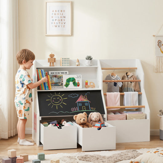 Kids Toy Storage Organizer with Flip-up Blackboard-White