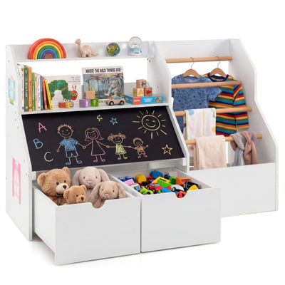 Kids Toy Storage Organizer with Flip-up Blackboard-White