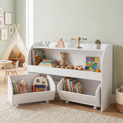 Kids Toy Storage Organizer with 2 Rolling Drawers & 3-Tier Bookshelf for Playroom-White