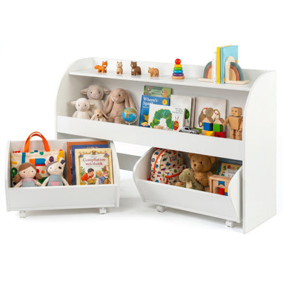 Kids Toy Storage Organizer with 2 Rolling Drawers & 3-Tier Bookshelf for Playroom-White