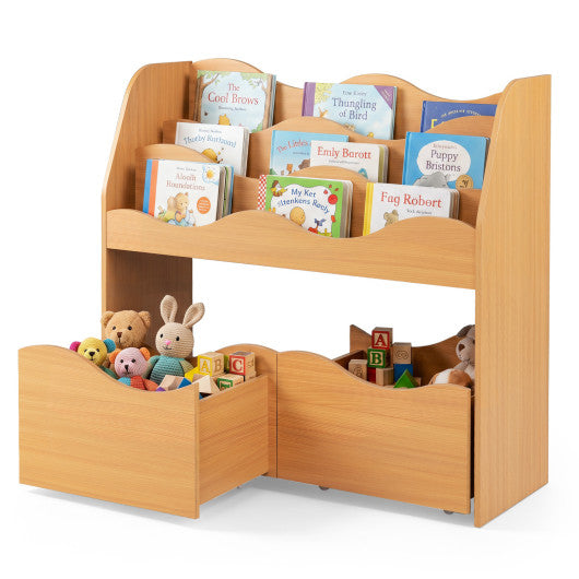 Kids Toy Wooden Storage Organizer with 2 Rolling Drawers for Kids Room-Natrual
