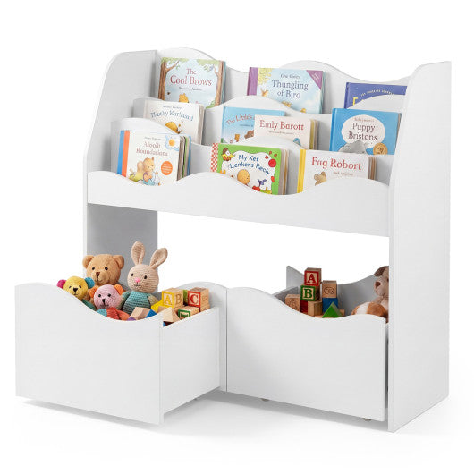 Kids Toy Wooden Storage Organizer with 2 Rolling Drawers for Kids Room-White