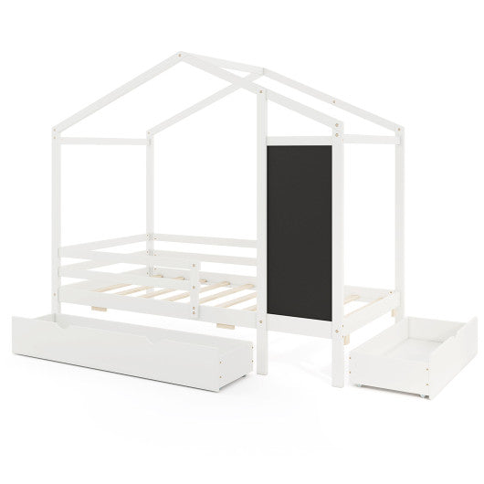 Kids Twin Size Bed with 2 Drawers Solid Wood Bed with Blackboard-White