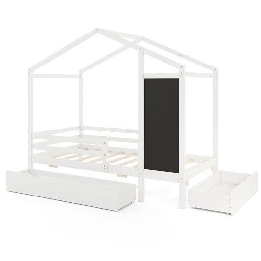 Kids Twin Size Bed with 2 Drawers Solid Wood Bed with Blackboard-White