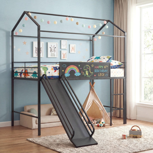 Kids Twin Size Loft Bed with Ladder and Slide for Bedroom-Black