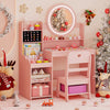 Kids Vanity Desk with Mirror and Lights Princess Pretend Play Dressing Table and Chair Set-Pink