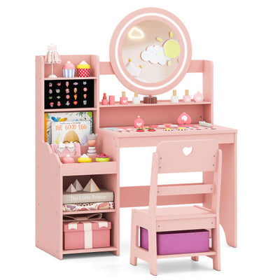 Kids Vanity Desk with Mirror and Lights Princess Pretend Play Dressing Table and Chair Set-Pink