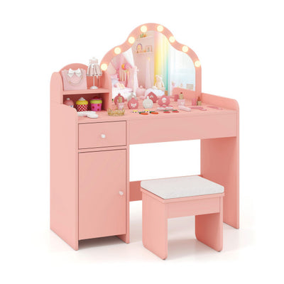 Kids Vanity Desk with Mirror and Lights Princess Pretend Play Dressing Table-Pink
