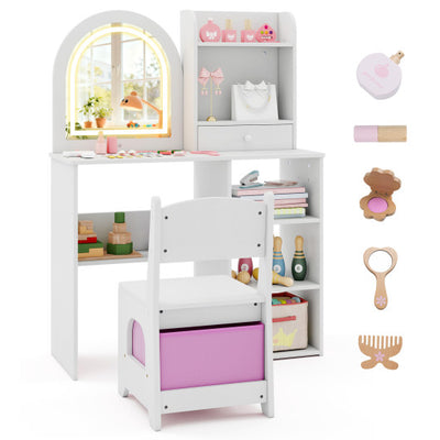 Kids Vanity Set Princess Girls Makeup Vanity Desk with Chair and 3-Color LED Lighted Mirror-White