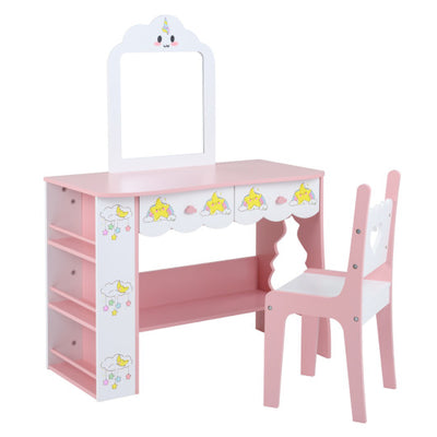 Kids Vanity Set Princess Girls Makeup Table with Mirror and Chair-White