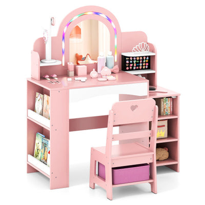 Kids Vanity Set with Colorful LED Lights Princess Makeup Dressing Table with Chair-Pink
