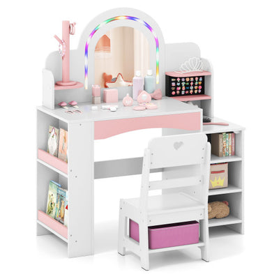 Kids Vanity Set with Colorful LED Lights Princess Makeup Dressing Table with Chair-White