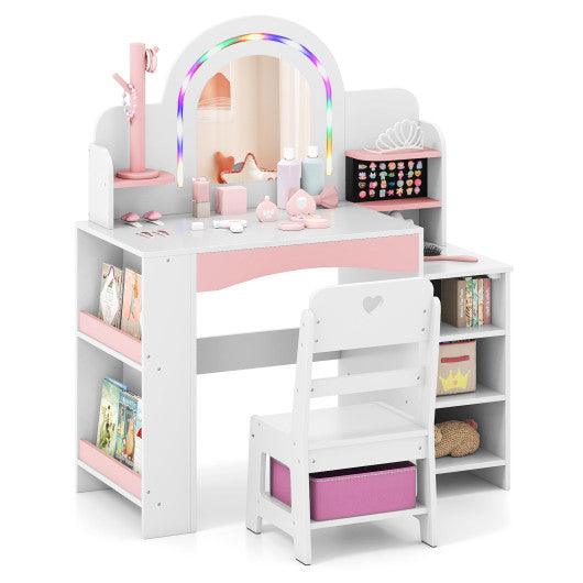 Kids Vanity Set with Colorful LED Lights Princess Makeup Dressing Table with Chair-White