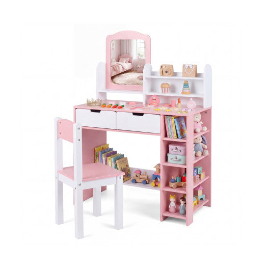 Kids Vanity Set with Chair and Mirror Makeup Dressing Desk with Storage Shelves and Drawers-White & Pink