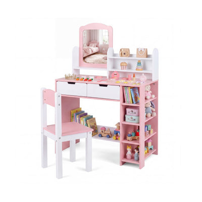 Kids Vanity Set with Chair and Mirror Makeup Dressing Desk with Storage Shelves and Drawers-White & Pink