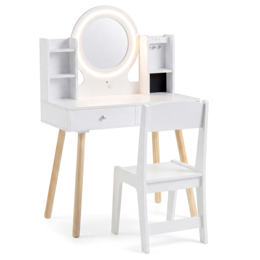 Kids Vanity Set with Lighted Mirror and Storage Drawers-White