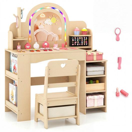 Kids Vanity Set with Colorful LED Lights Princess Makeup Dressing Table with Chair-Natural