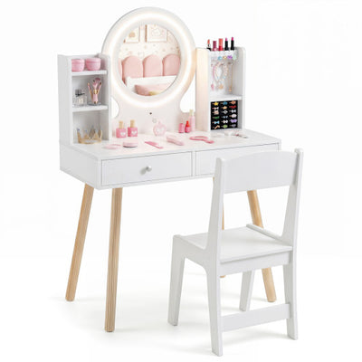 Kids Vanity Set with Lighted Mirror and Storage Drawers-White