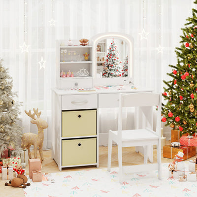 Kids Vanity Set with Lighted Mirror Makeup Desk and Chair Set with Drawers-White