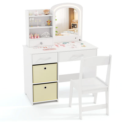 Kids Vanity Set with Lighted Mirror Makeup Desk and Chair Set with Drawers-White