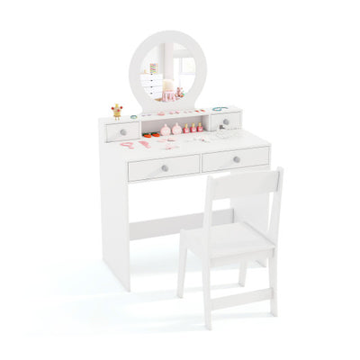 Kids Vanity Set with Mirror Princess Makeup Dressing Desk and Chair Set with Mirror-White