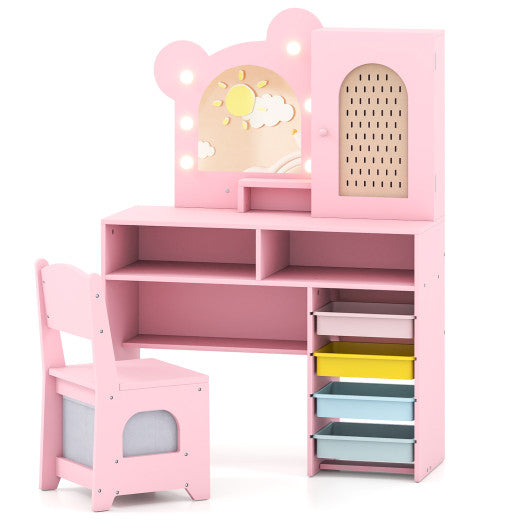Kids Vanity with Lights and 5 Drawers for Kids Aged 3+ Years Old-Pink