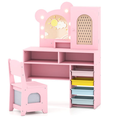 Kids Vanity with Lights and 5 Drawers for Kids Aged 3+ Years Old-Pink