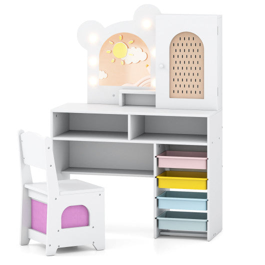 Kids Vanity with Lights and 5 Drawers for Kids Aged 3+ Years Old-White